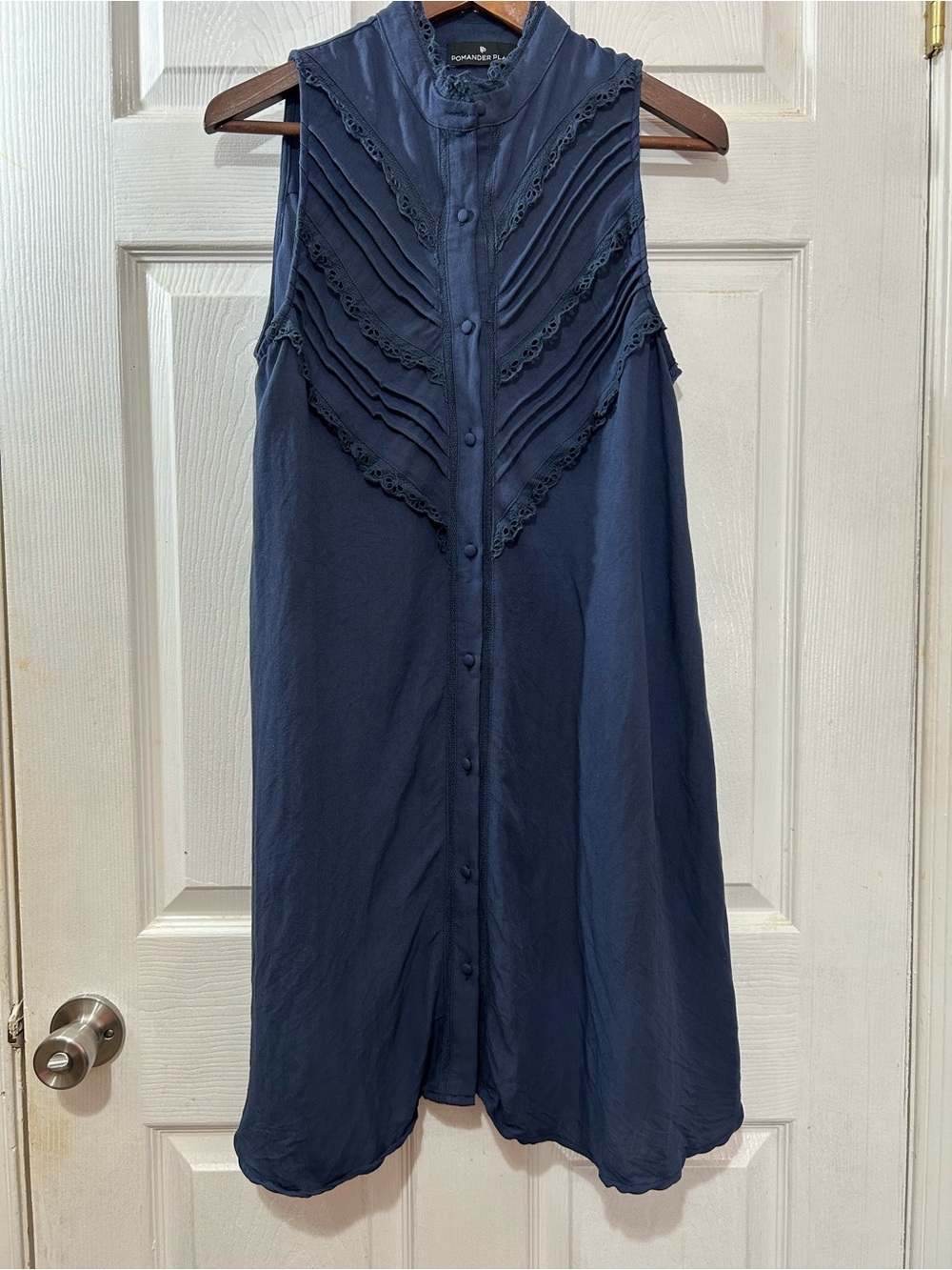 Pomander Place Navy Pintuck Lace Sleeveless Button Front Tunic Dress S